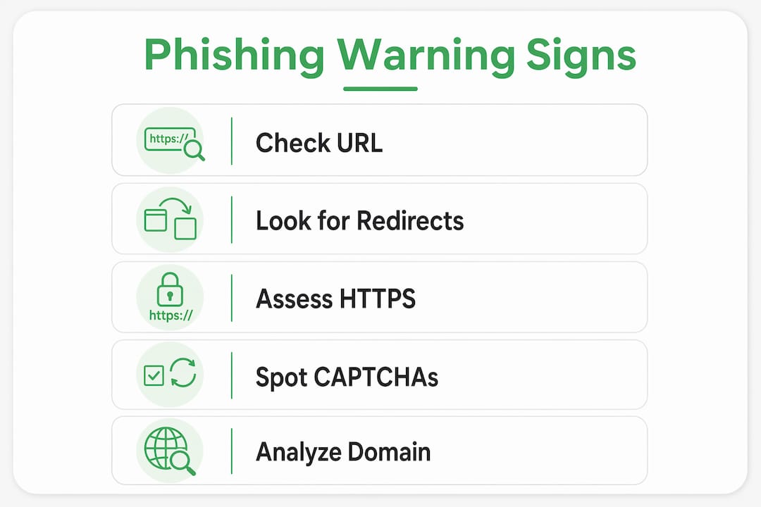 Infographic showing phishing warning signs steps