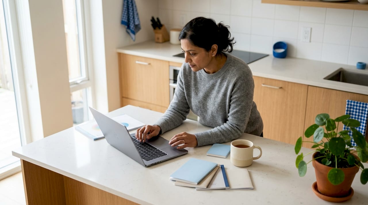 Woman adjusting browser privacy settings at home desk