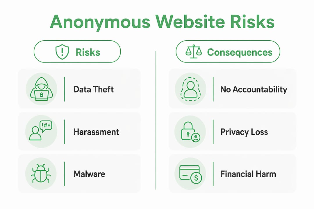 Infographic illustrating risks and consequences of anonymous websites