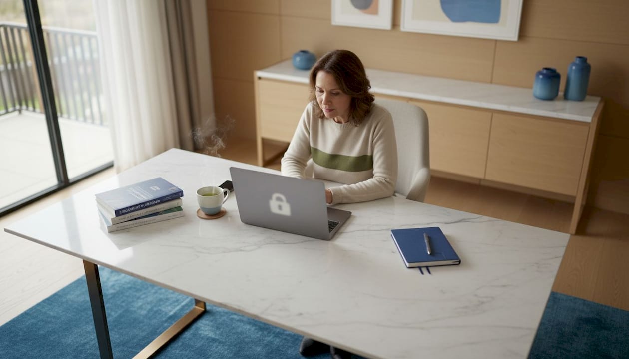 Woman checking SSL certificate on laptop