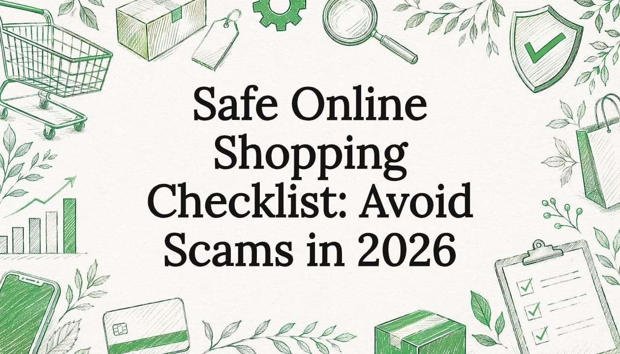 Decorative safe online shopping title card illustration