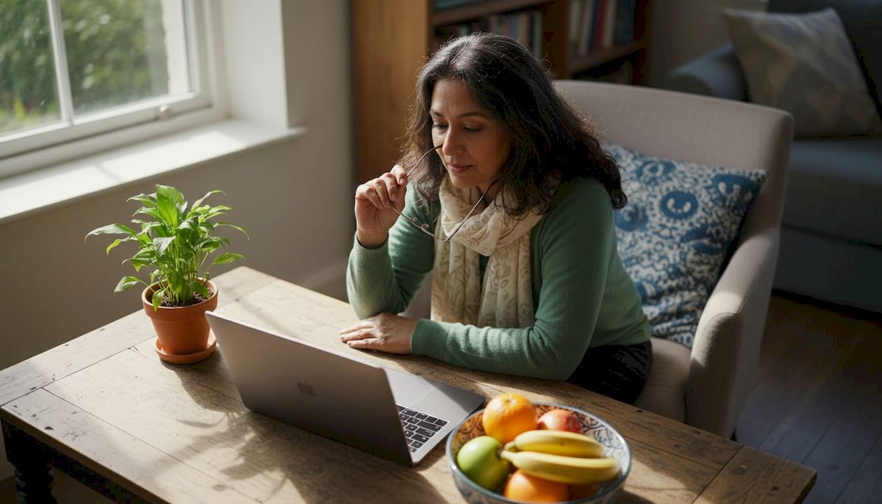 Woman reviewing suspicious email carefully