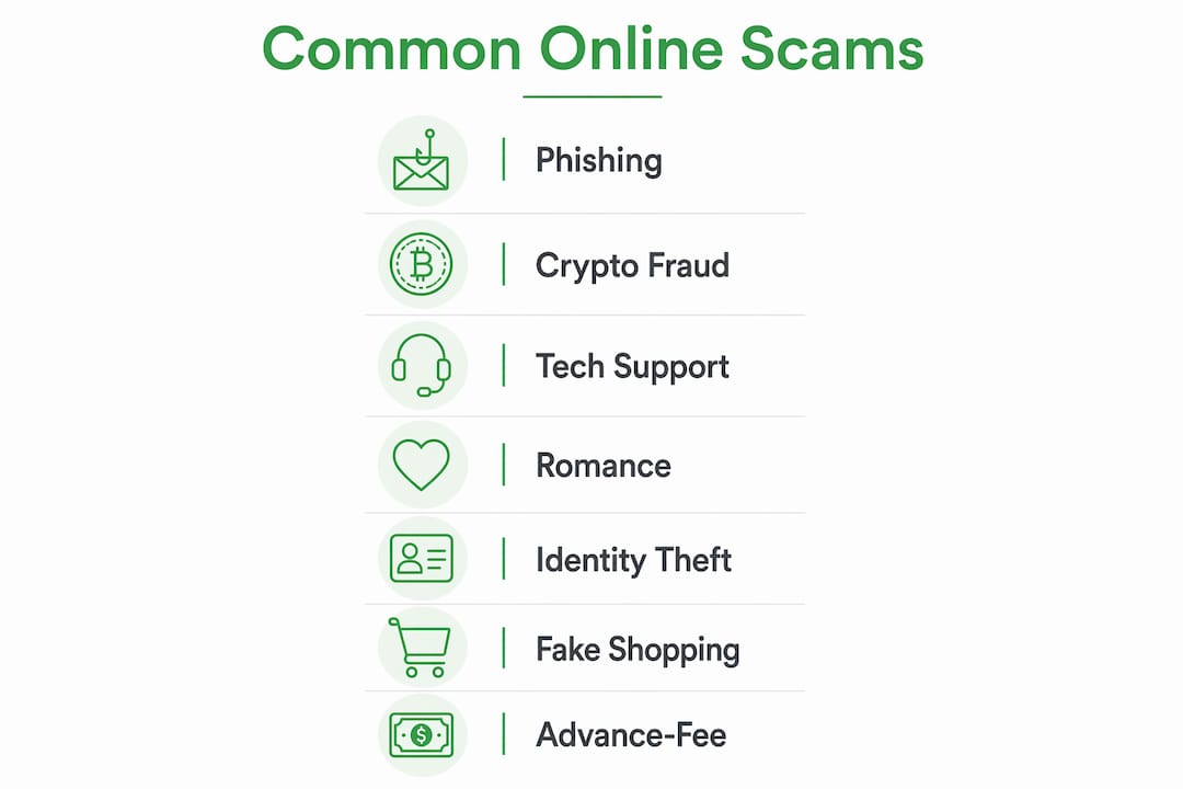 Infographic listing common online scams in vertical flow
