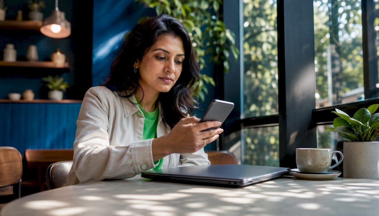 Woman verifying crypto communication at home desk