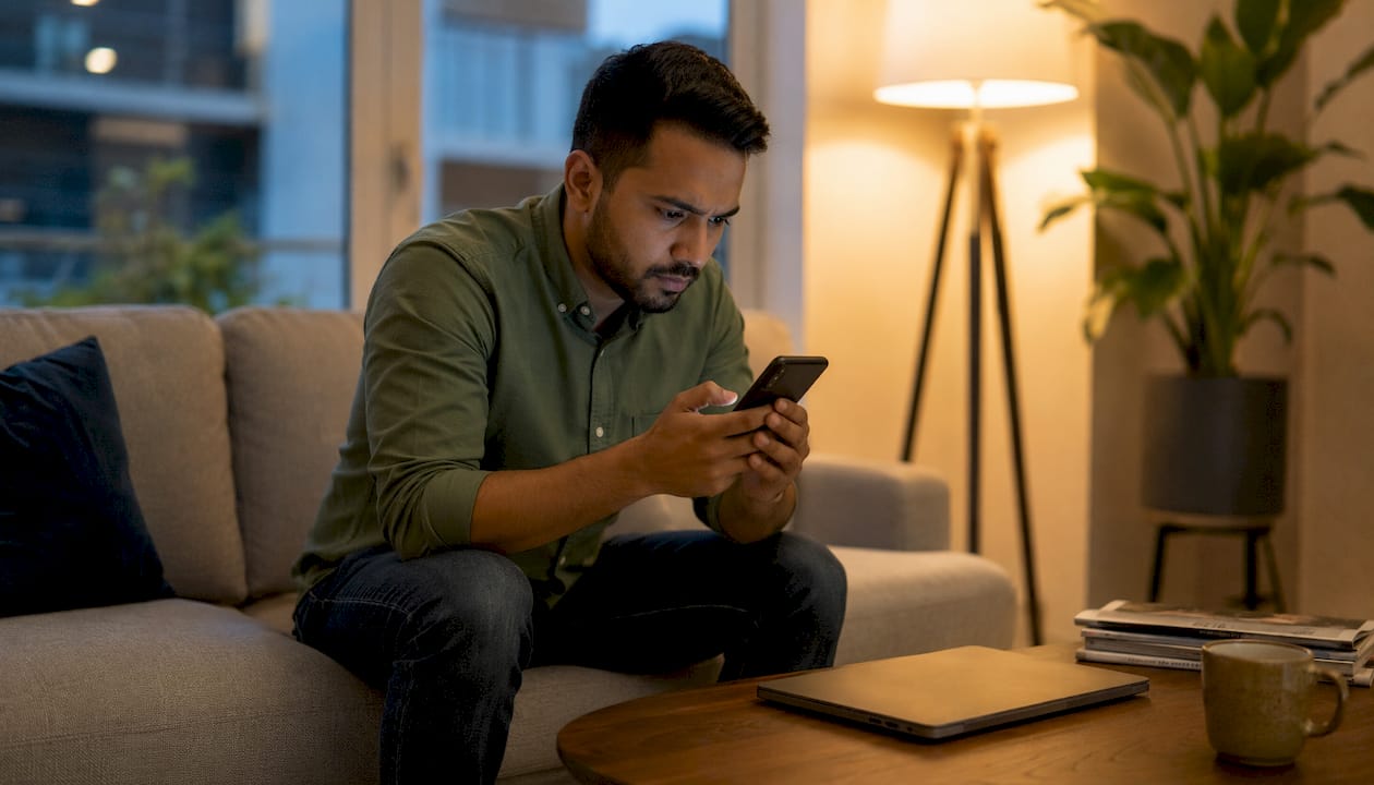Man scrutinizing suspicious email at desk