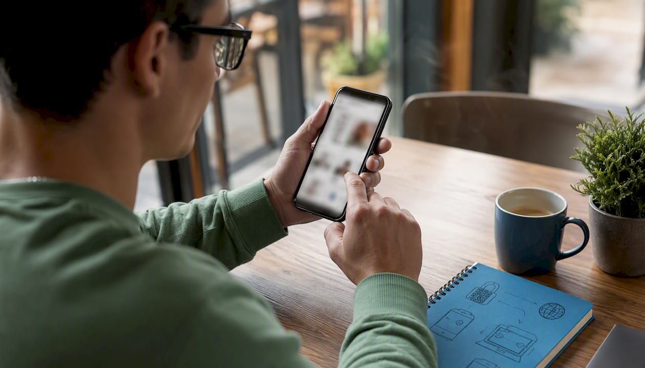 Person checking social media shopping ad on smartphone