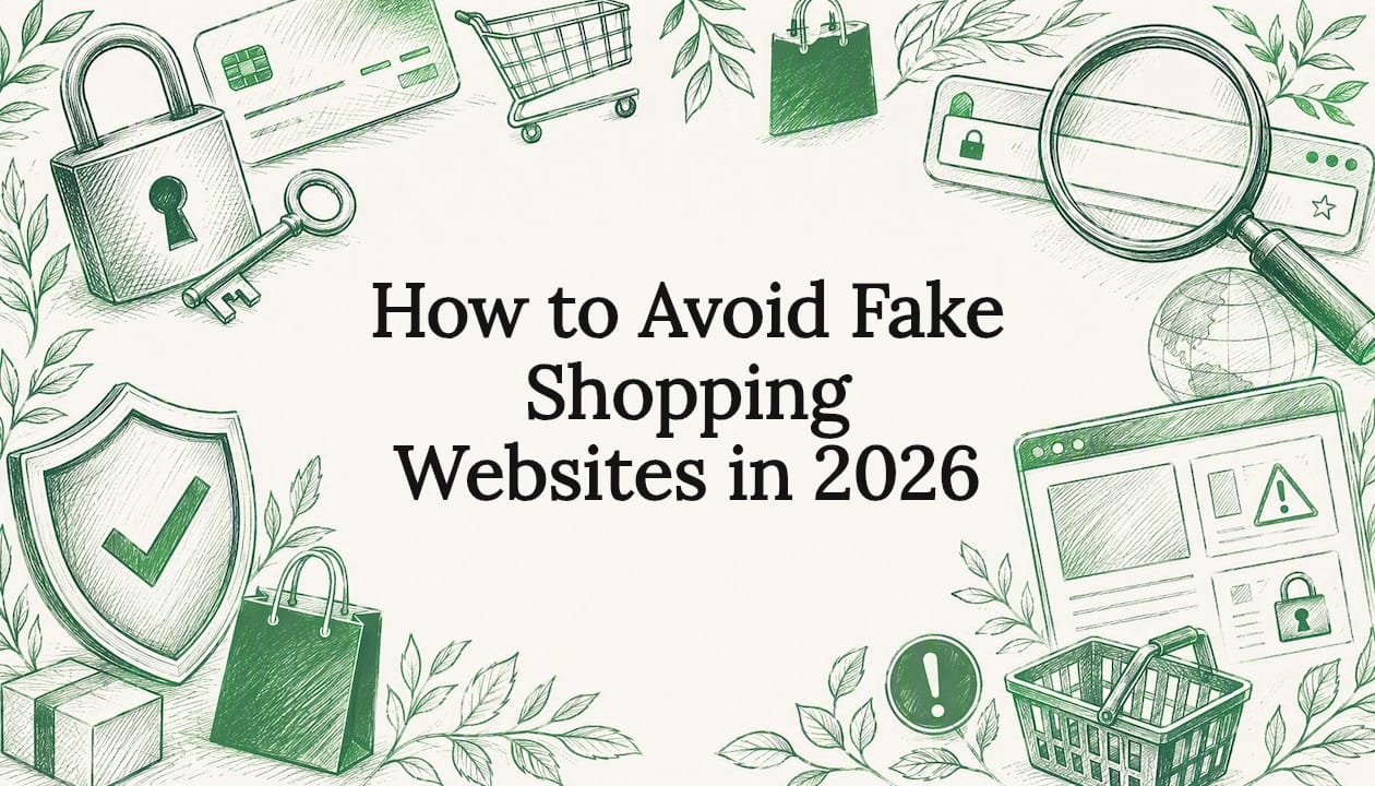 Decorative illustrated title card with shopping security icons