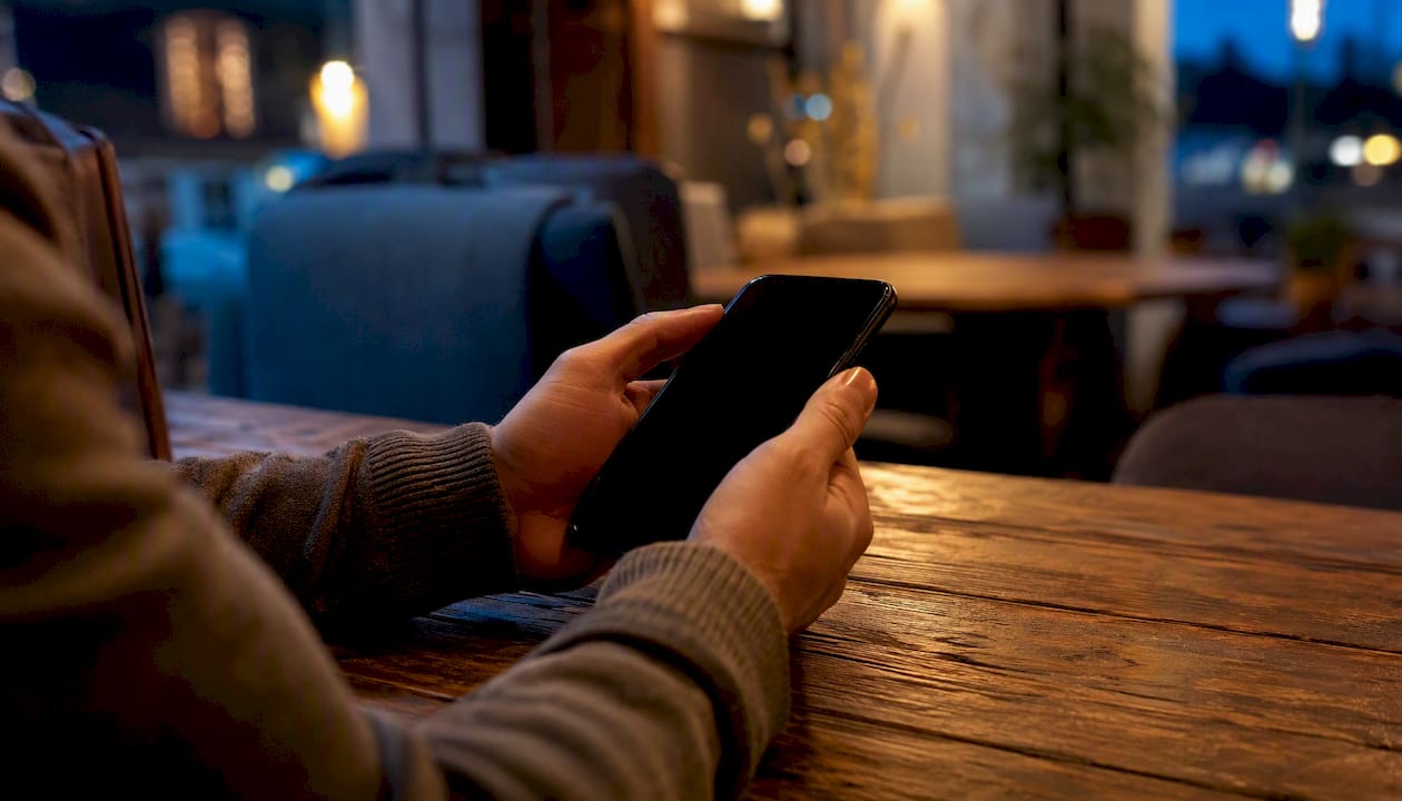 Hands holding smartphone with screen off