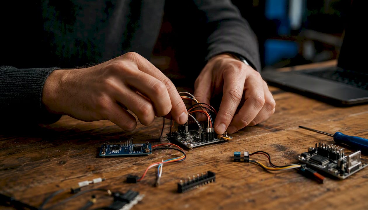 Hands connecting circuit boards symbolizing AI signals