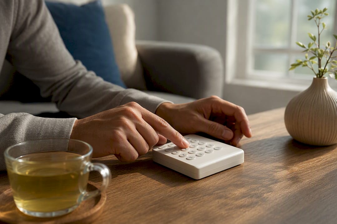 Hands adjusting security device in dim office
