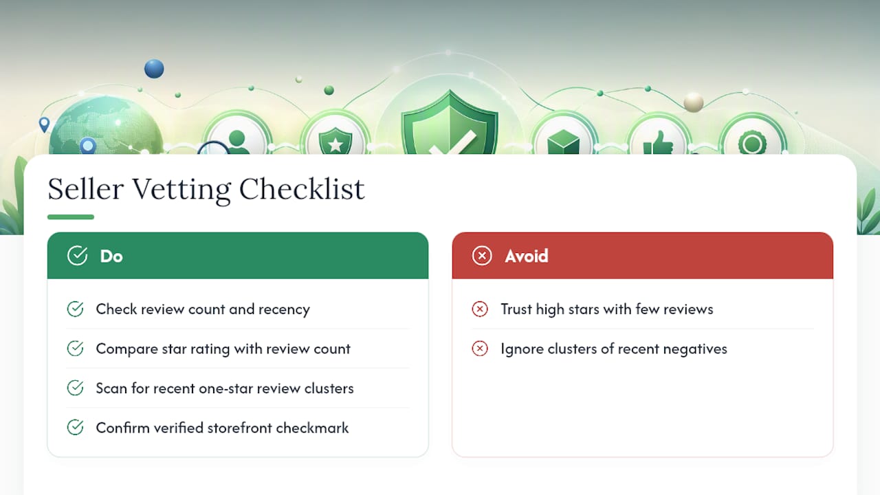 Diagram showing seller vetting checklist with icons for reviews and verification