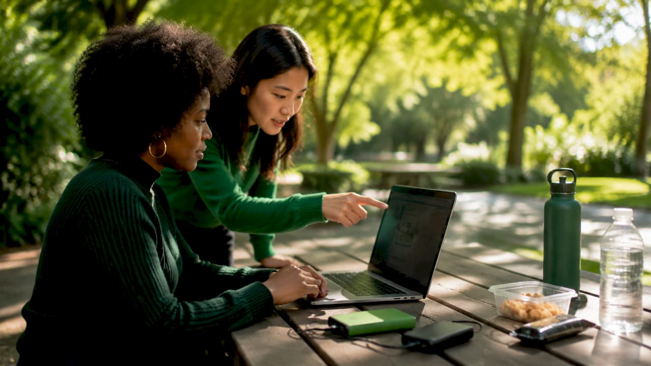 Pair discussing interview tools at café table