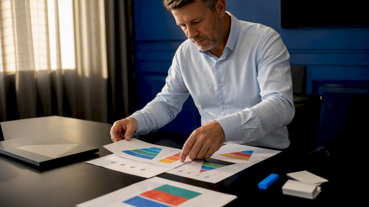 Hands organizing sales funnel diagrams on table
