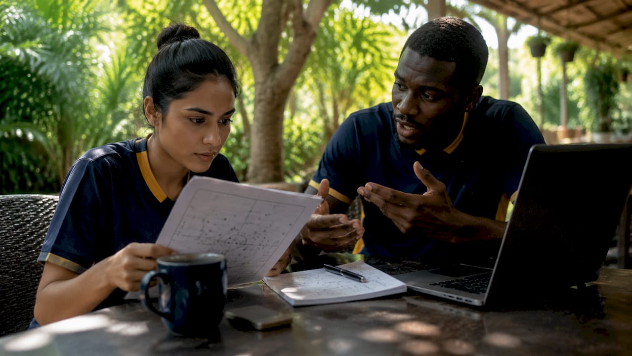 Two football bettors reviewing tactical sheets