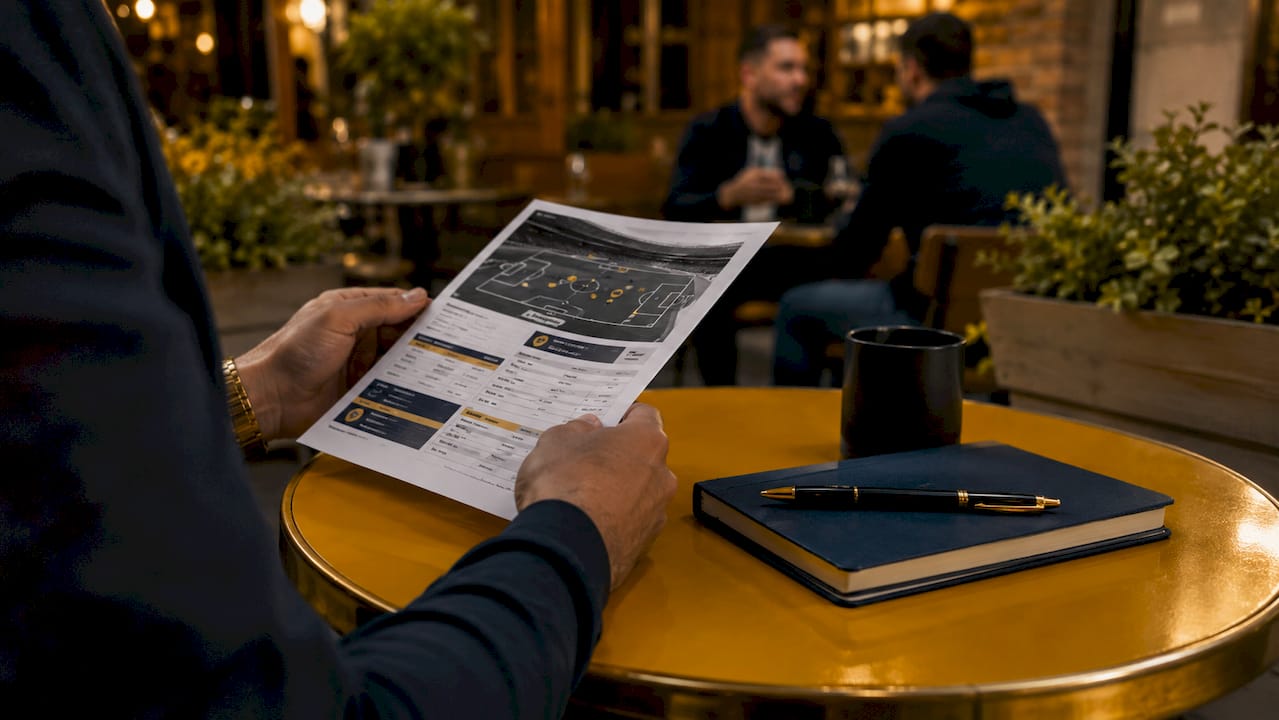 Hands reviewing football betting tip sheet