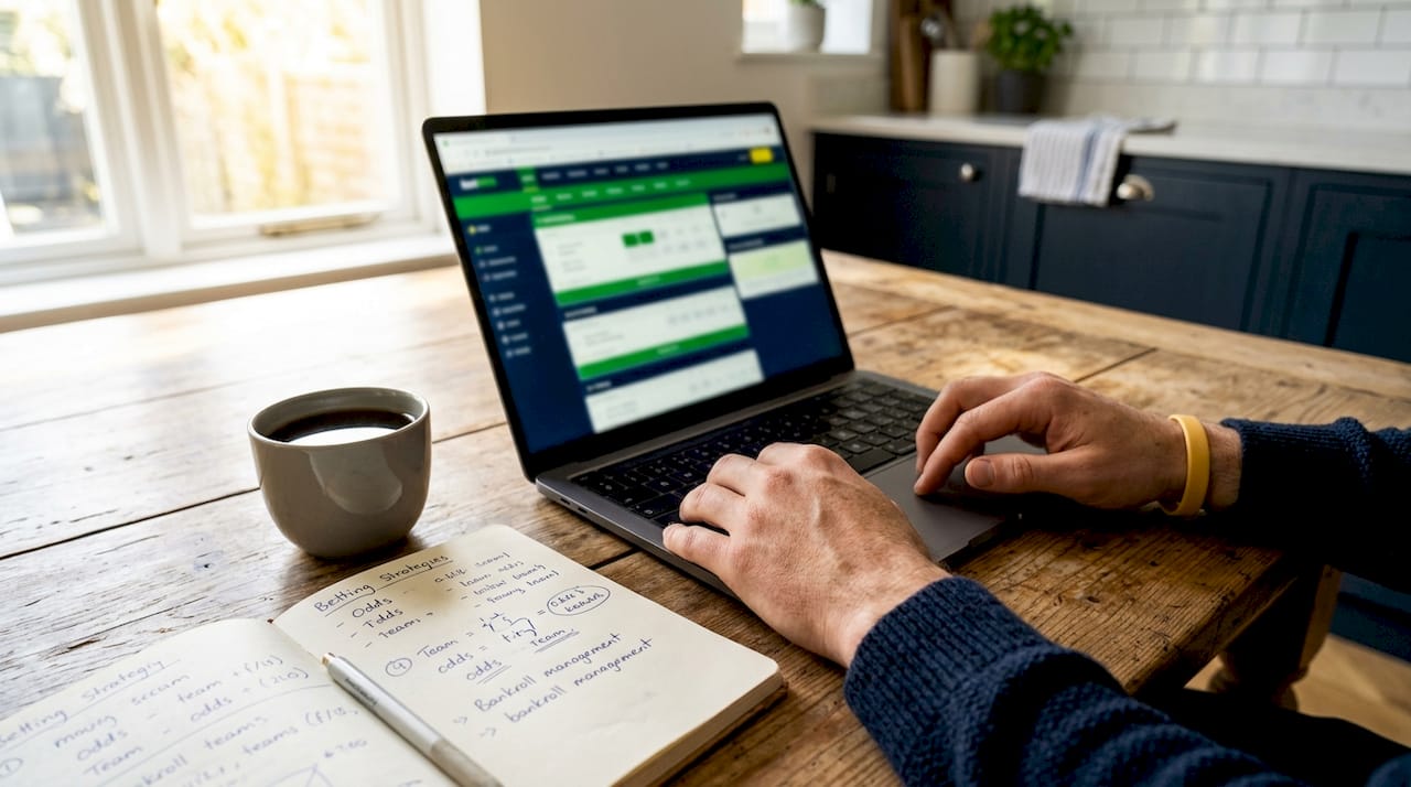 Hands typing at office desk with betting documents