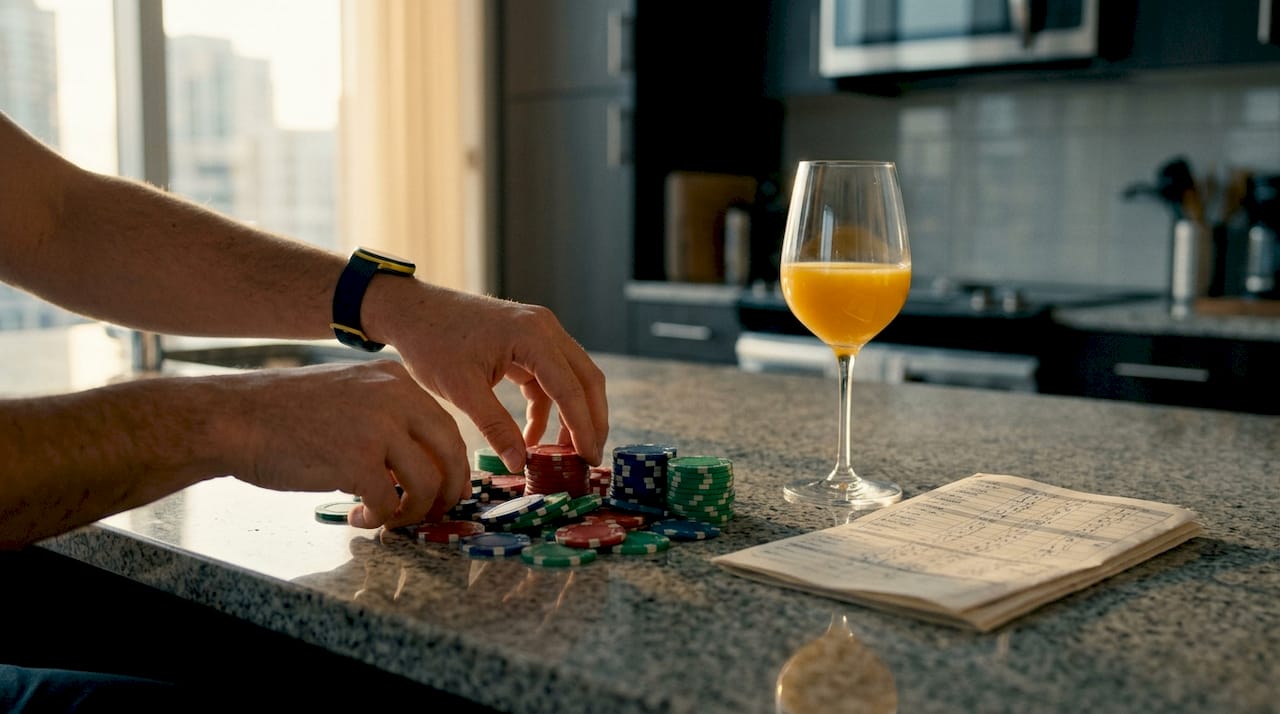 Hands stacking poker chips on betting worksheets