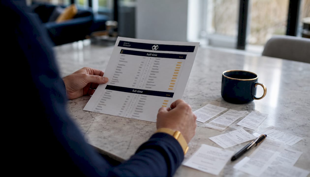 Hands holding football half-time full-time results sheet