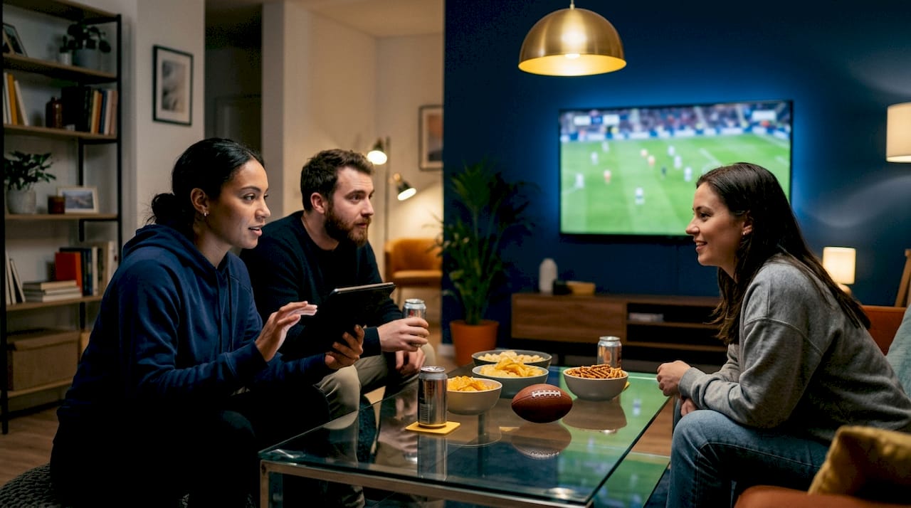 Group watching football while using betting app