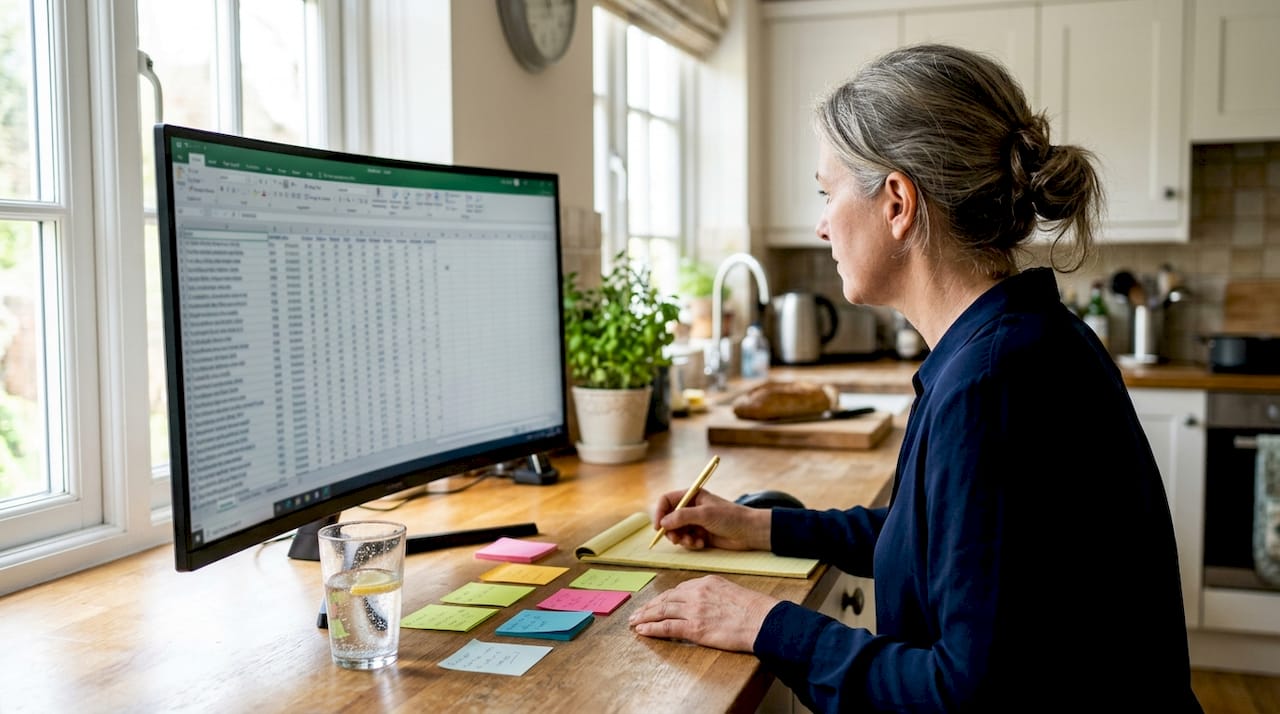 Woman analyzing football stats at office desk