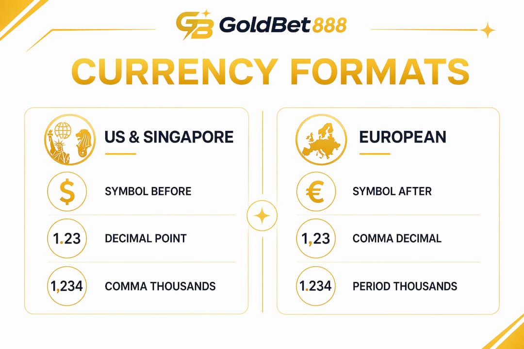Infographic contrasting US/Singapore vs European currency formats