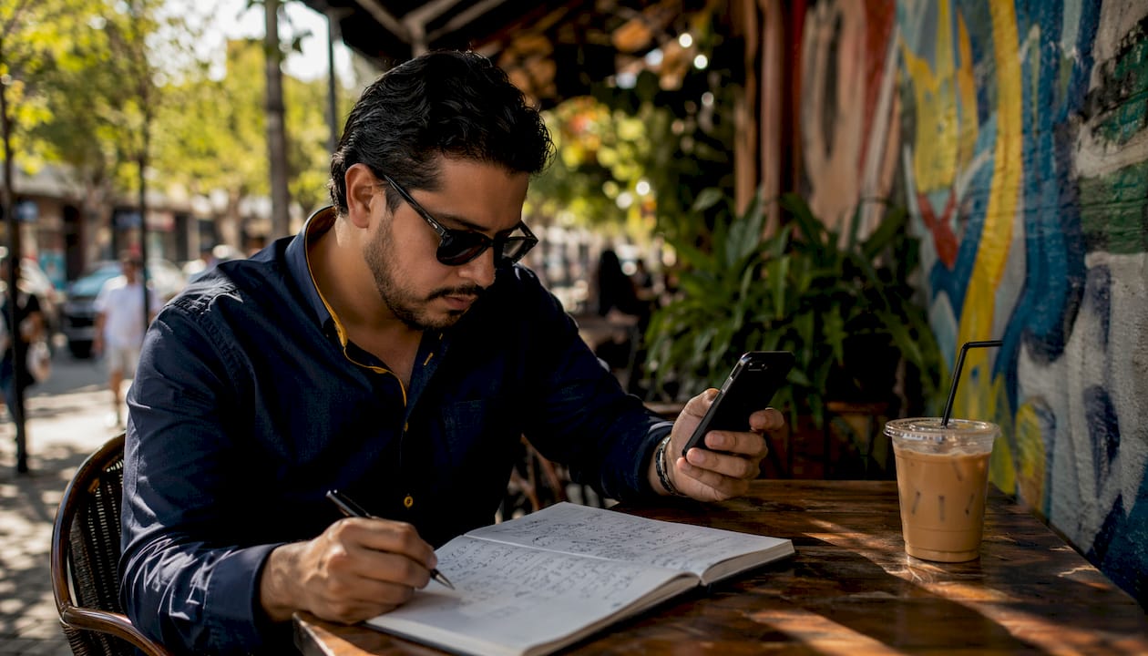 Man managing bankroll with devices and notes in café