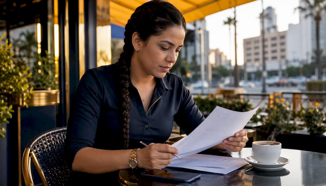Woman reviewing betting dispute paperwork at desk