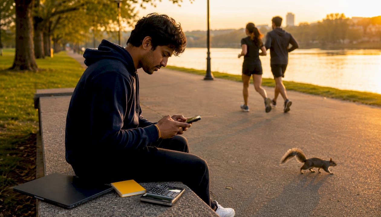 Man calculating betting odds on smartphone outdoors