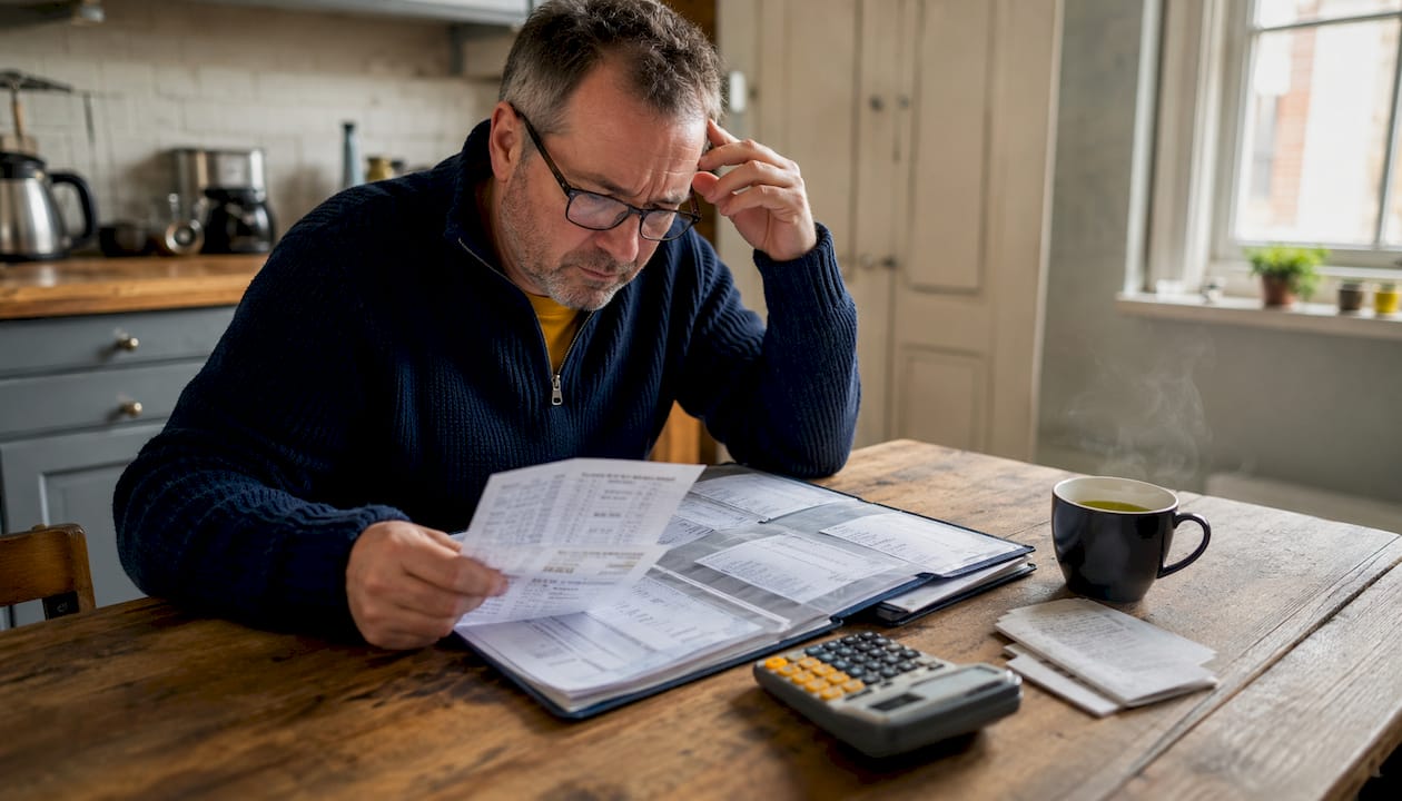 Frustrated man reviewing betting logs at desk