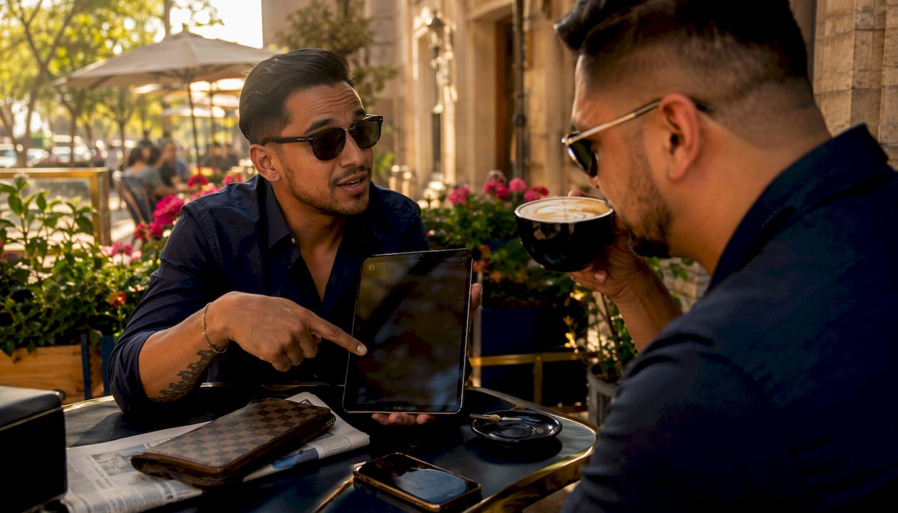 Two sports bettors discussing payout delays in café