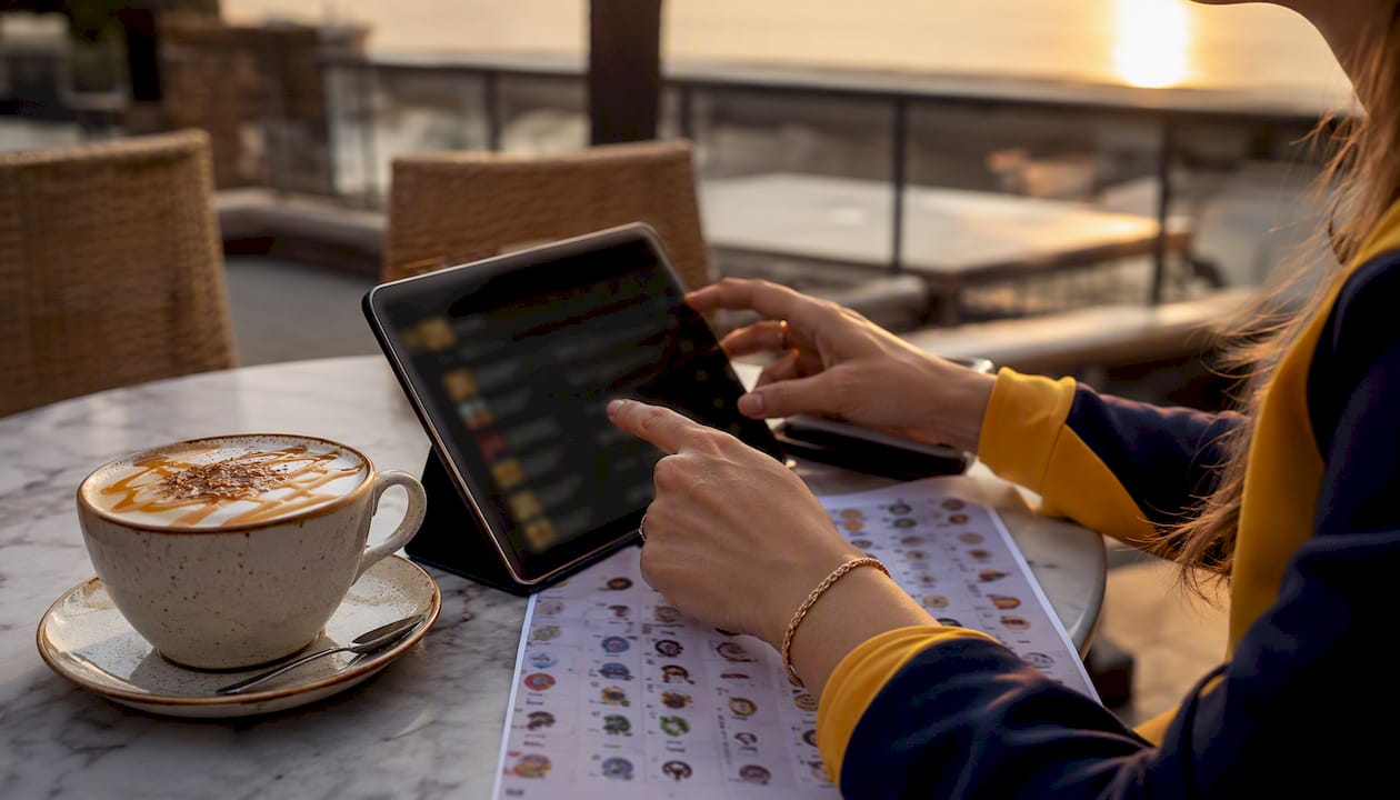 Close-up hands typing at desk with betting data