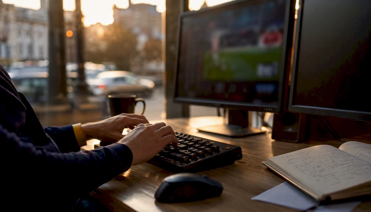 Hands typing at a betting data verification desk