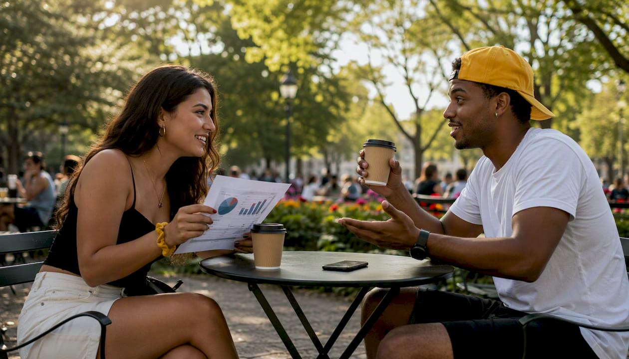 Two people discussing football poll results at café
