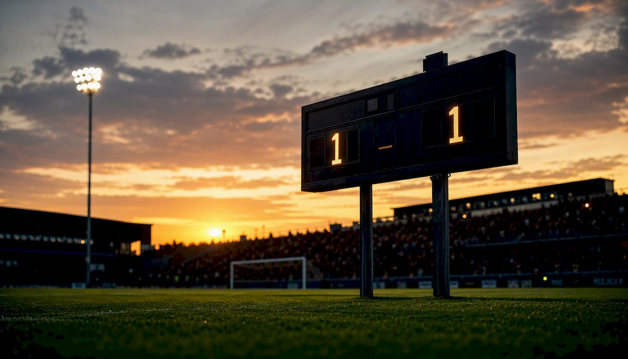 Football stadium scoreboard final score 1-1