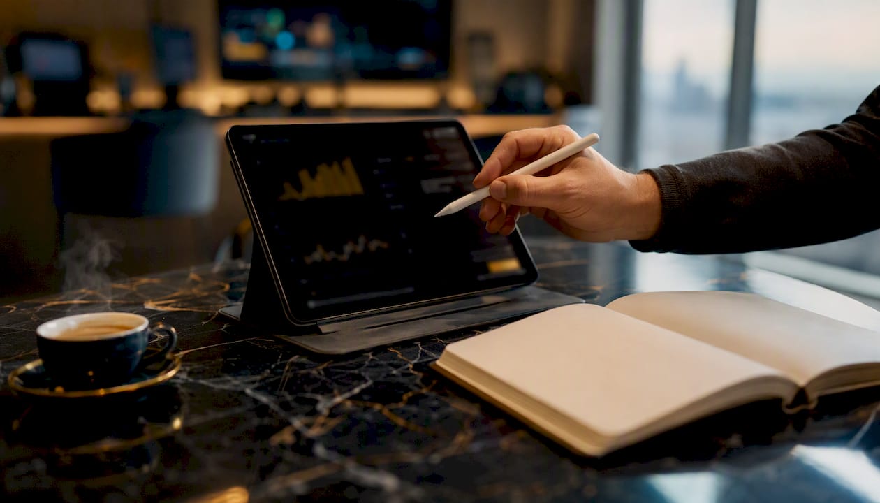 Hand pointing stylus at football analytics tablet