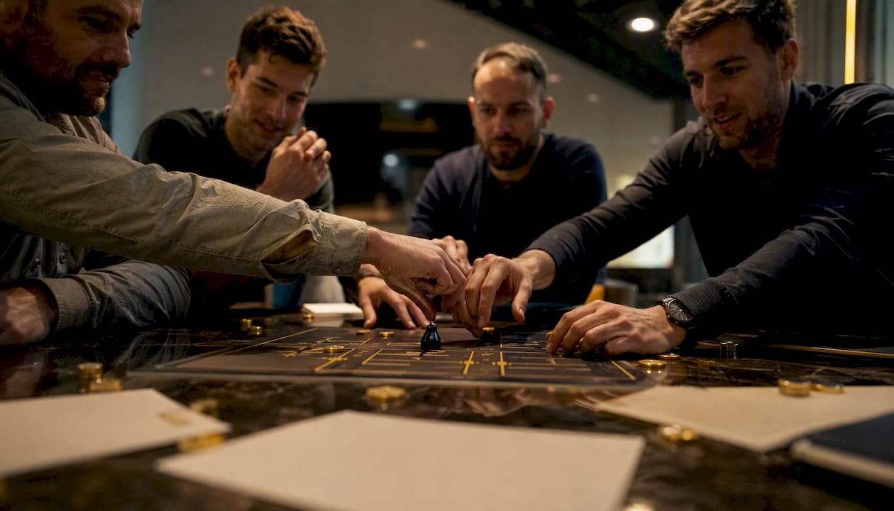 Hands in group deliberation moving game piece