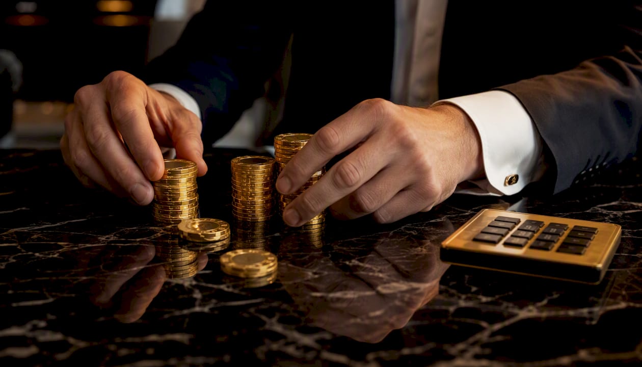 Hands stacking betting chips on dark surface