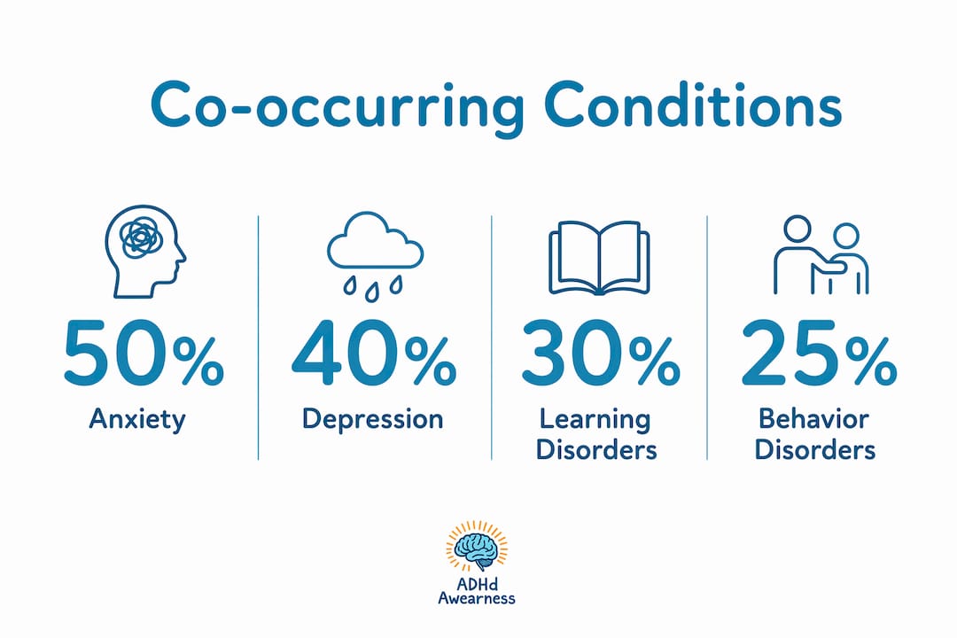 Infographic showing ADHD co-occurring mental health condition percentages