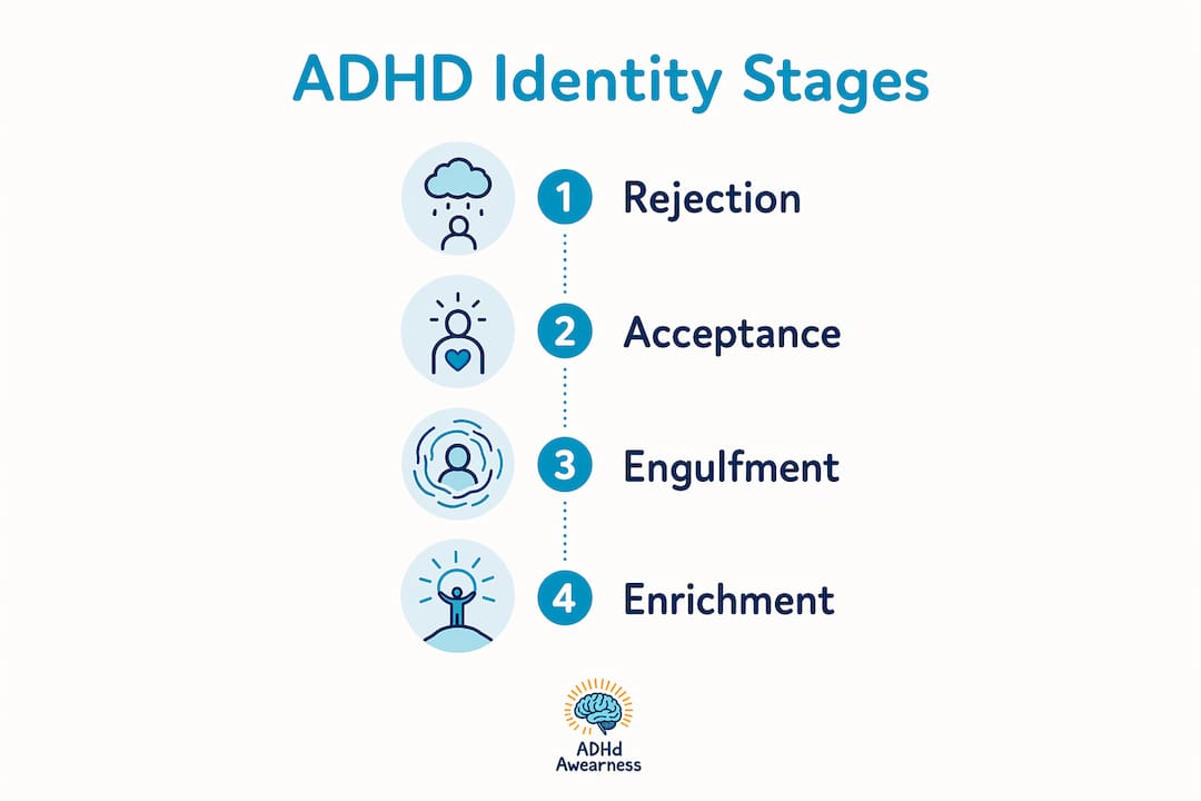 Infographic illustrating four stages of ADHD identity