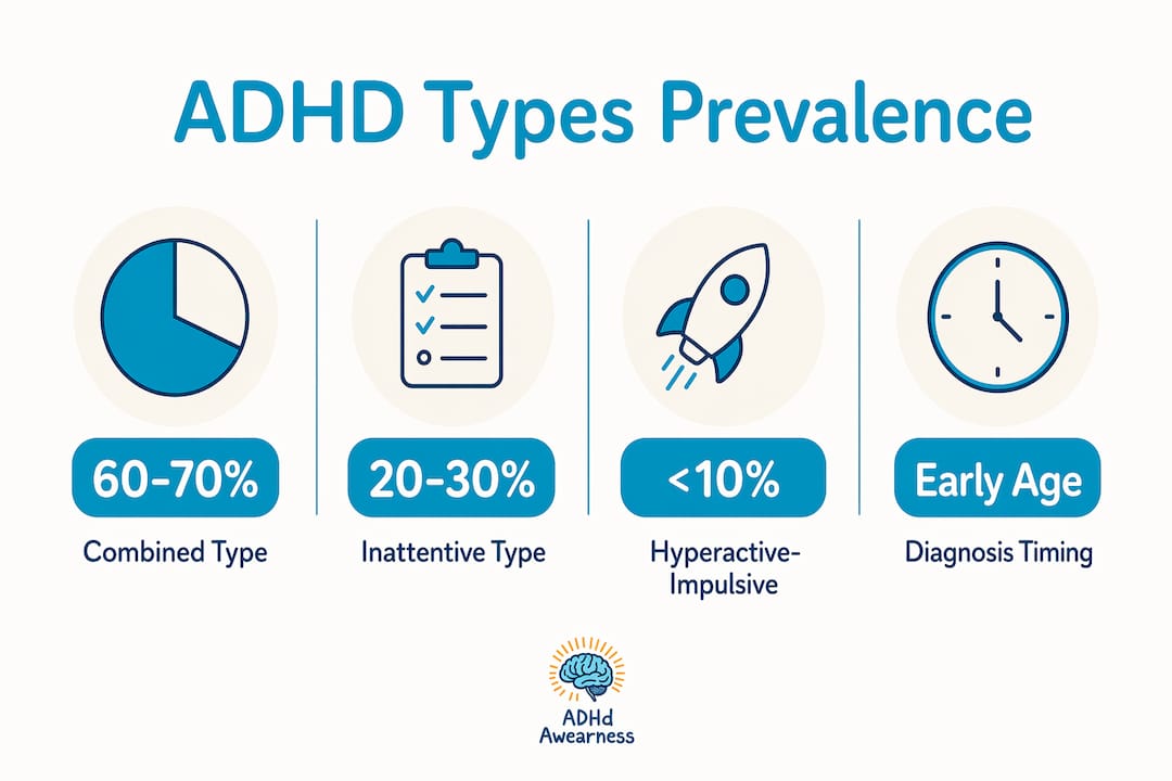 Infographic showing ADHD type prevalence and diagnosis timing