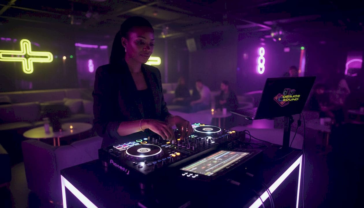 DJ selecting tracks in nightclub