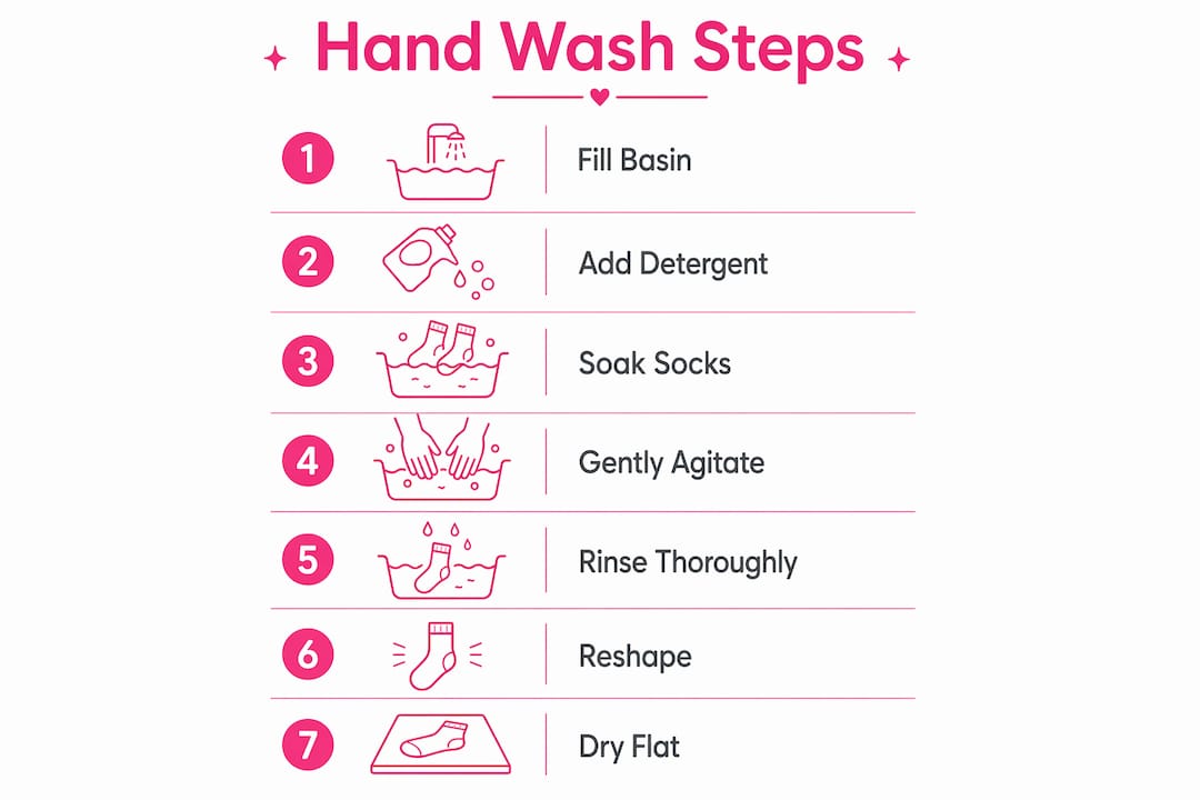Infographic showing designer sock hand washing steps