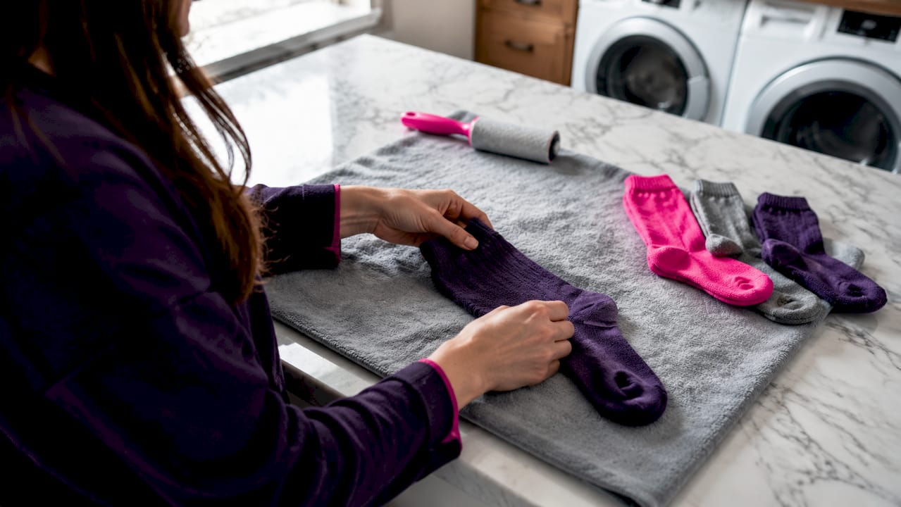 Hands reshaping damp designer socks on a towel after hand washing