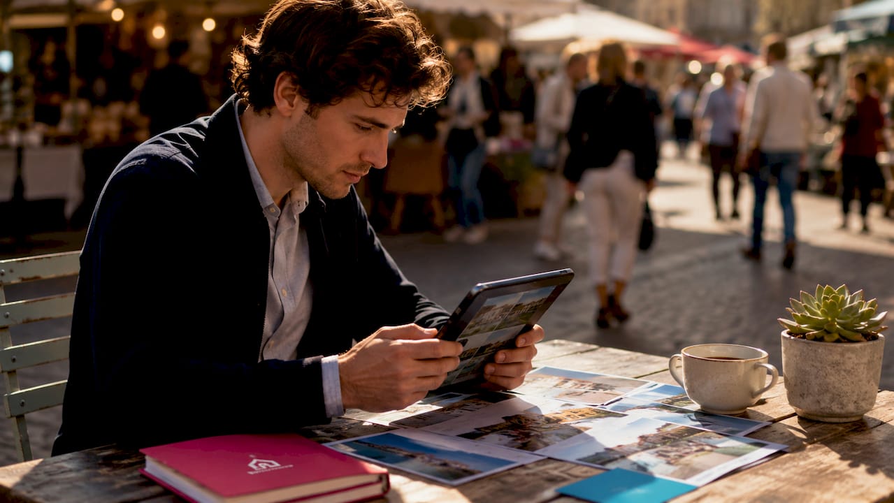 Young landlord working on rental listing tablet in coworking space