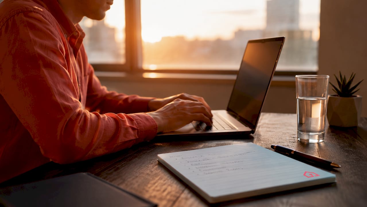 Hands using laptop with rental filters checklist overhead