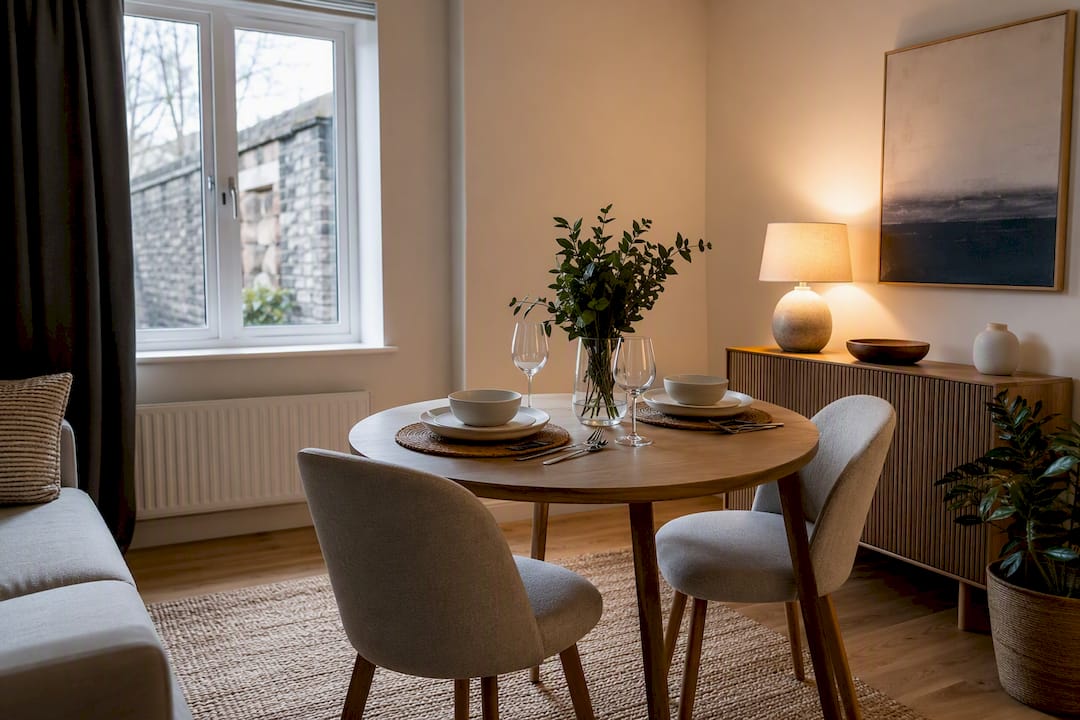 Staged rental dining area ready for viewing