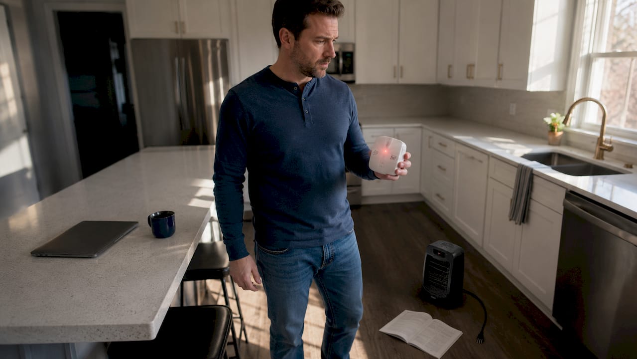 what is an hvac emergency repair? a 2026 guide 3 homeowner holding carbon monoxide alarm in living room