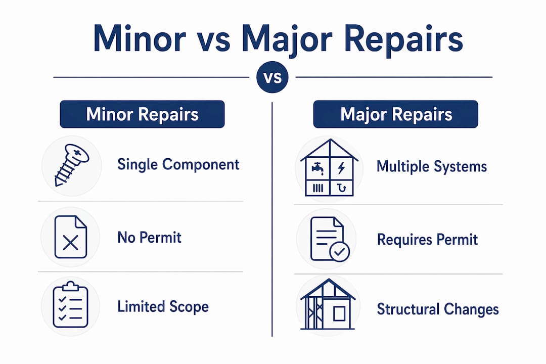 what is minor home repair defined: a homeowner's guide 3 comparison infographic of minor and major repairs