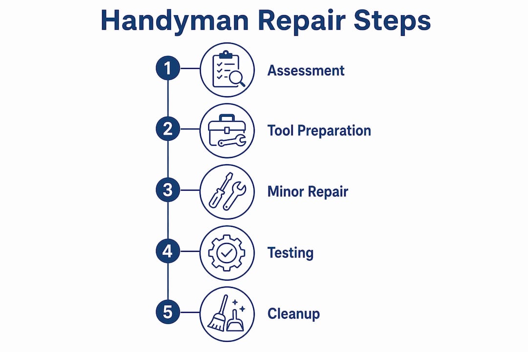 common home repairs a handyman handles: 2026 guide 3 infographic outlining handyman repair process steps