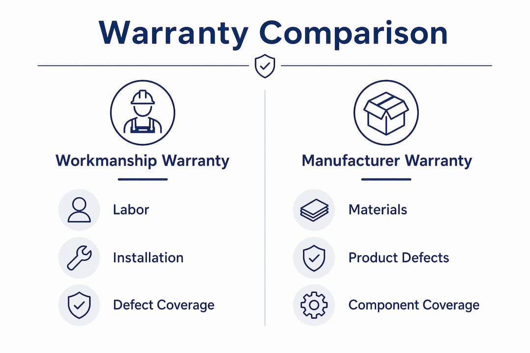 contractor workmanship warranty: what homeowners must know 3 infographic comparing workmanship and manufacturer warranties